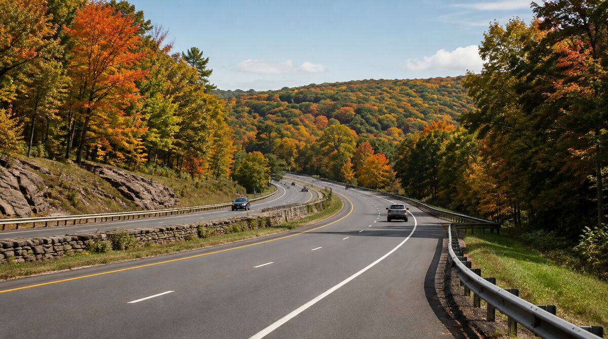 Connecticut roadway curving through colorful autumn forest