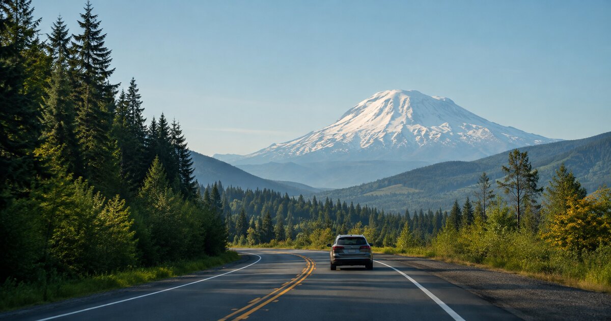 Car traveling on a Washington highway with Mount Rainier in the distance